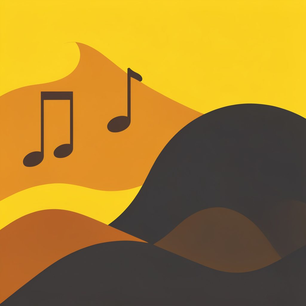 Flat vector illustration of a warm amber and charcoal abstract composition suggesting a creative journey from music notes to digital waves