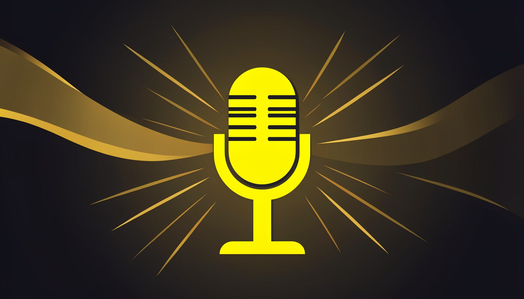 A flat vector illustration of a podcast microphone on a dark gradient background with warm golden accent waves radiating outward, conveying energy and conversation.