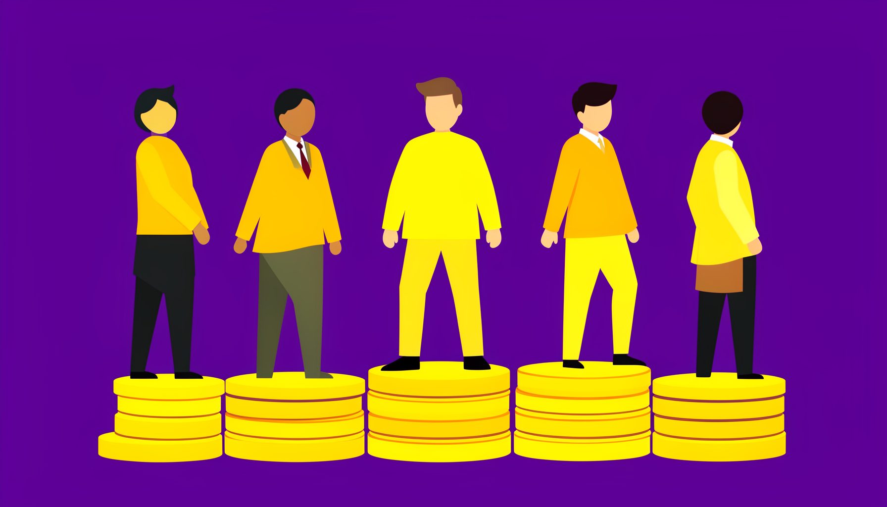 A flat vector illustration of five abstract figures standing on stacks of gold coins against a deep purple backdrop, evoking wealth and ambition.
