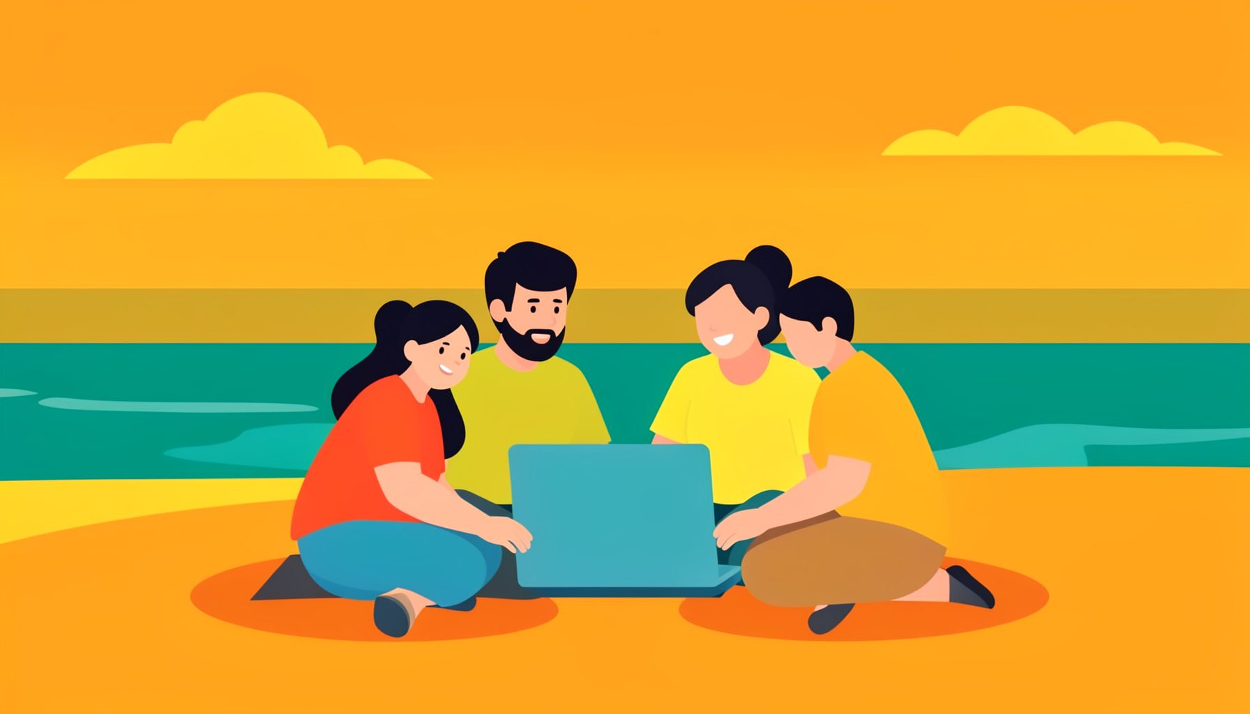 A flat vector illustration of a family sitting together around a laptop on a beach at sunset, in warm orange and teal tones, representing the internet lifestyle.