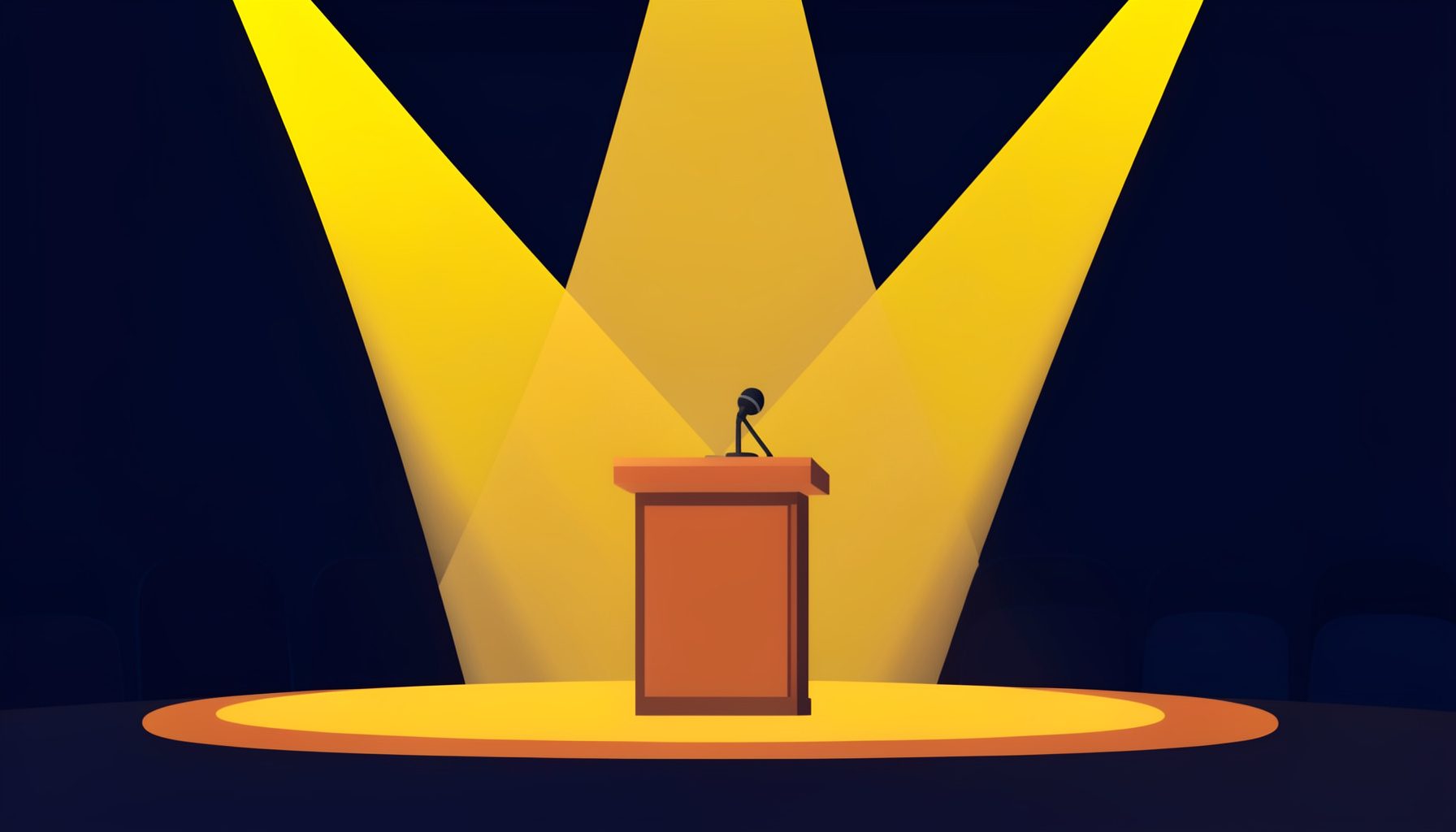 A flat vector illustration of a stage with a podium and microphone, warm spotlight beams crossing a dark auditorium, deep navy and amber tones