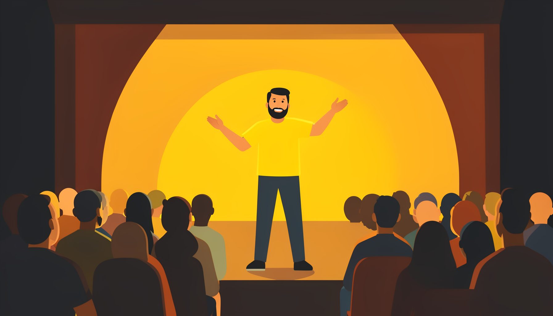 A flat vector illustration of a speaker gesturing confidently on stage before an engaged audience, warm amber and charcoal palette